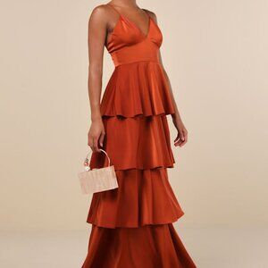 Lulus Going With Elegance Rust Brown Satin Tiered Gown - NWT, Size XL